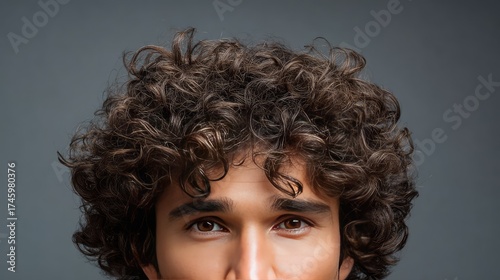 Portrait of a young man with curly hair and expressive gaze against a neutral background, highlighting natural beauty and individuality in a studio setting.