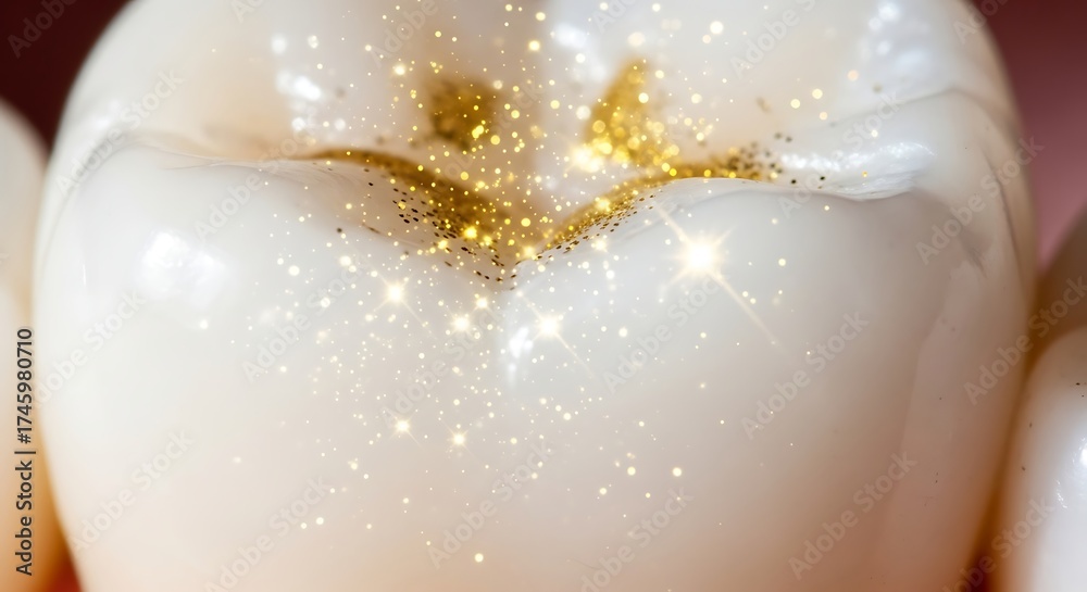 Fototapeta premium Close Up of a Healthy White Tooth with Sparkling Gold and White Dental Sparkles on Cavity-free Surface
