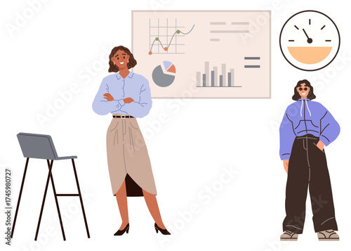 Confident presenter stands near graphs and charts, casual person observes. Ideal for teamwork, presentation, analytics, growth, professional contrast, coworking leadership. Simple flat metaphor