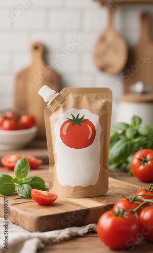 Spouted pouch mockup for tomato sauce with a blank label for branding, set in a kitchen with fresh tomatoes and basil