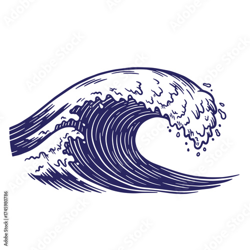Detailed hand drawn vintage illustration of a breaking ocean wave isolated on white background