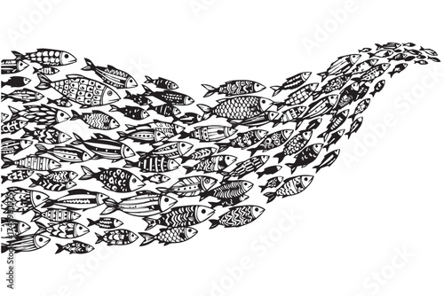 A large school of stylized fish swimming together in a flowing formation, isolated on transparent background