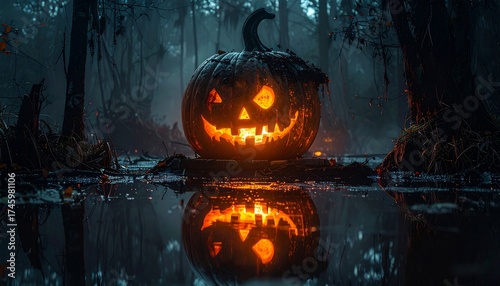 Spooky glowing jack-o'-lantern emerges from a dark, misty swamp reflecting eerie light, perfect for Halloween celebrations and haunting themes.