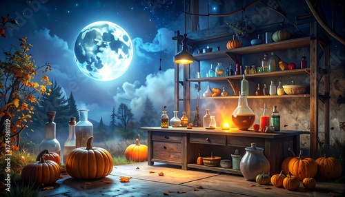 Mystical alchemist's workshop under a luminous full moon, brimming with pumpkins and bubbling potions, evokes enchanting Halloween and autumn magic.