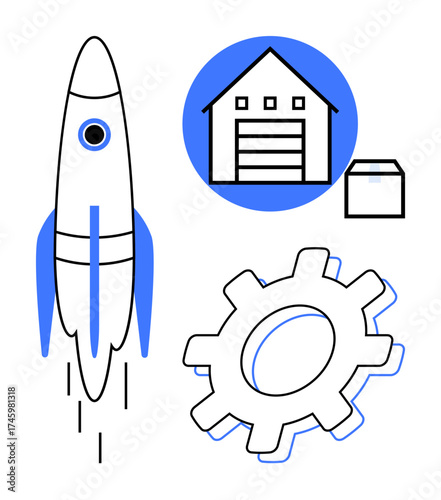 Rocket blasting off, warehouse with package, gear mechanism. Ideal for innovation, logistics, startup growth, teamwork, system optimization productivity creative development. Modern flat metaphor