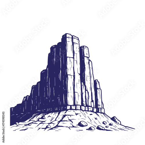 Dramatic vintage hand drawn illustration of a majestic rocky mountain formation landscape