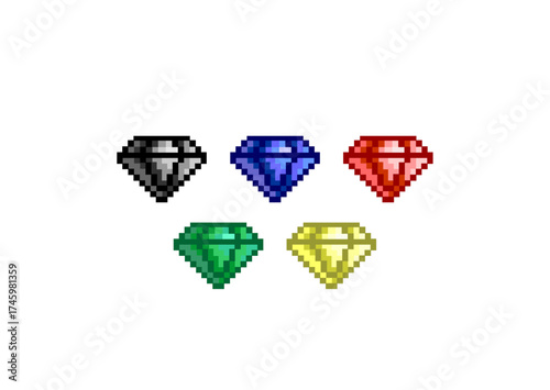 A set of five colorful pixel art gems in black, blue, red, green, and yellow, arranged in two rows on a white background, symbolizing value, rarity, and digital style.
