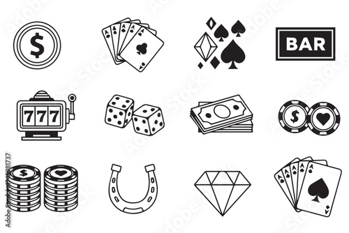 Casino and gambling themed icons, including slot machine, dice, cards, chips, and money, isolated on transparent background