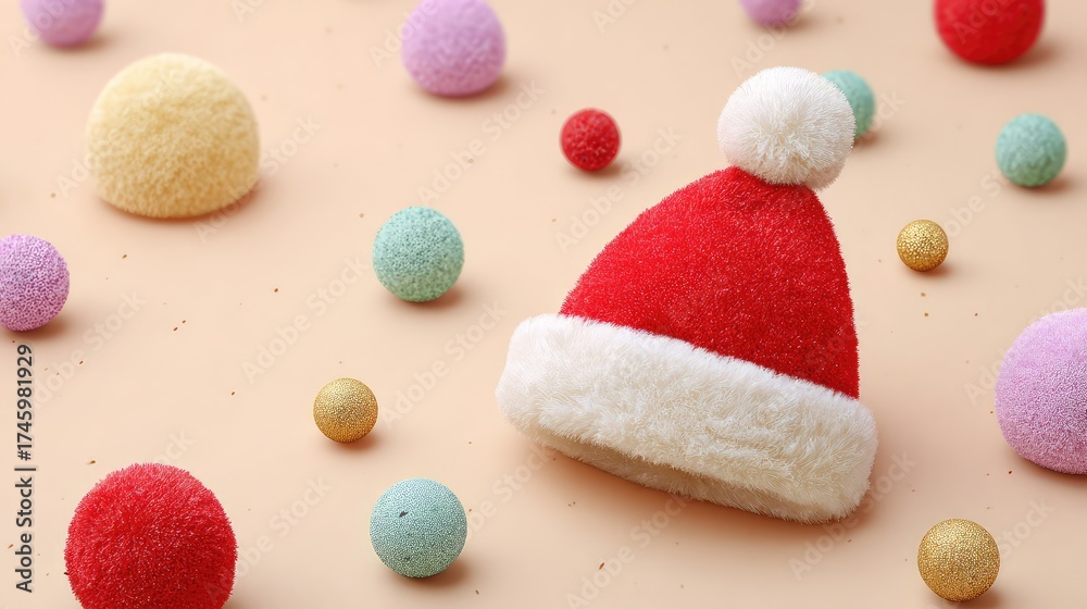Fototapeta premium Festive Red Santa Hat Surrounded by Colorful Decorative Balls on a Soft Beige Background, Perfect for Holiday-Themed Designs and Creative Projects