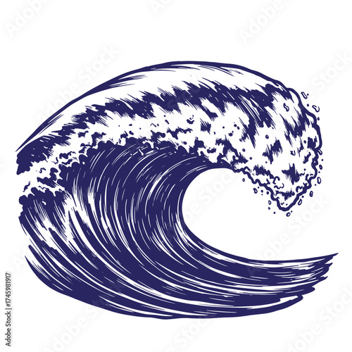 Hand drawn vintage ocean wave illustration depicting surf cresting with foam and splashes