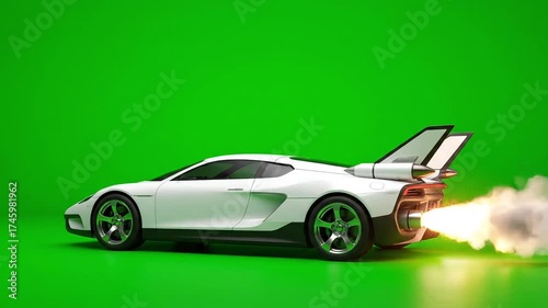 Futuristic sports car with jet boosters firing, emitting smoke against a vibrant green background