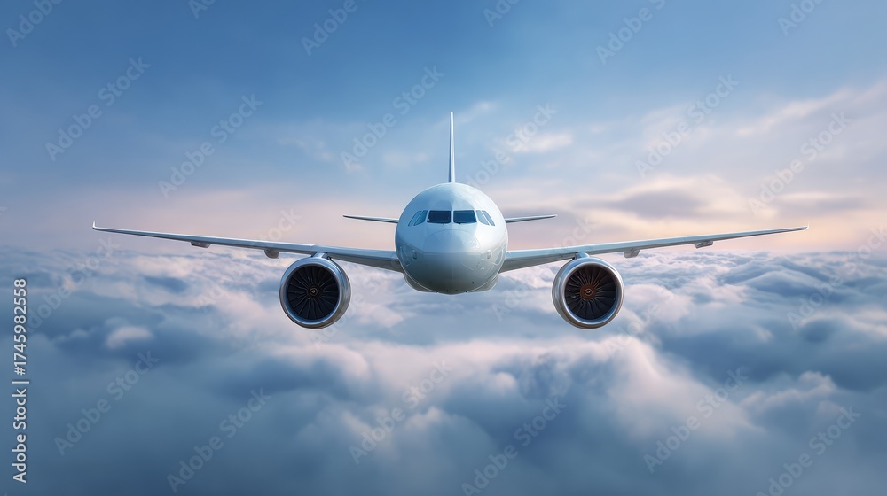 Fototapeta premium A Modern Passenger Airplane Flying Above the Clouds During Sunrise with a Clear Blue Sky, Representing Travel, Freedom, and Adventure for Stock Photos