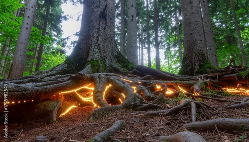 Mystical Forest with Glowing Tree Roots Energy.