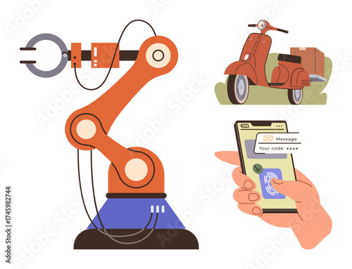 Robotic arm in operation, delivery scooter carrying packages, and hand scanning fingerprint on smartphone. Ideal for automation, robotics, logistics, delivery, technology, innovation futuristic