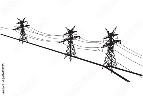 Three tall electricity pylons with power lines stretching across a transparent background, illustrating energy transmission infrastructure