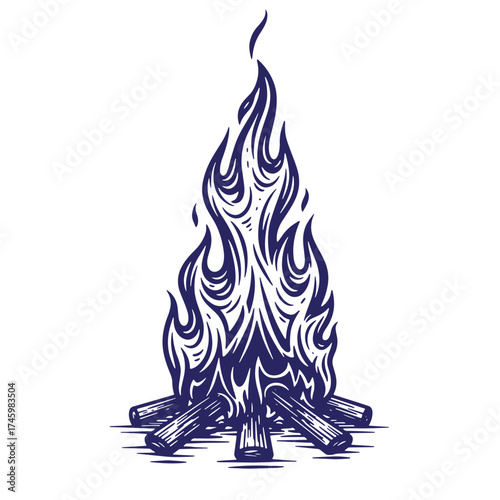 Vector illustration of a vintage hand drawn bonfire with burning flames and firewood