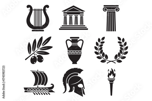 Collection of ancient greek cultural symbols and artifacts, isolated on transparent background