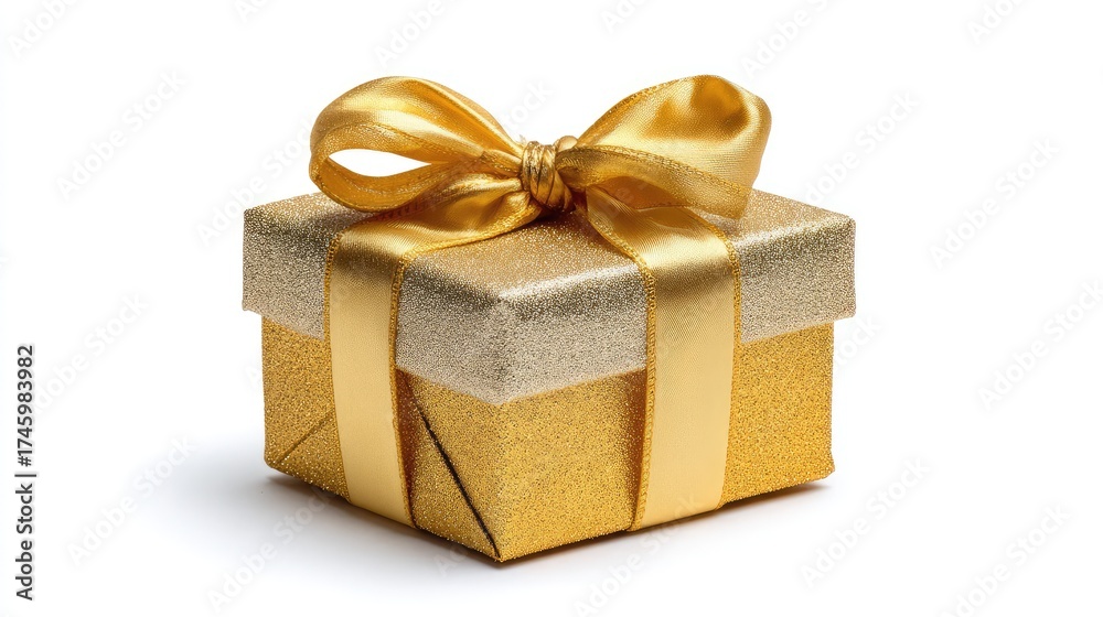 Obraz premium Elegant golden gift box with a shiny ribbon, perfect for any festive occasion, celebration, or special event, conveying joy and surprise to recipients worldwide
