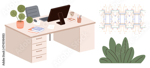 Organized desk with computer, books, and stationery, flanked by abstract digital circuit board pattern and plants. Ideal for technology, productivity, innovation, work-life balance, eco-design