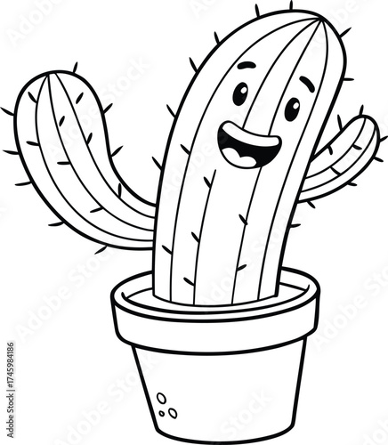 “Cute Cartoon Cactus in Flower Pot Coloring Page, Happy Potted Succulent Line Art for Kids and Adults”