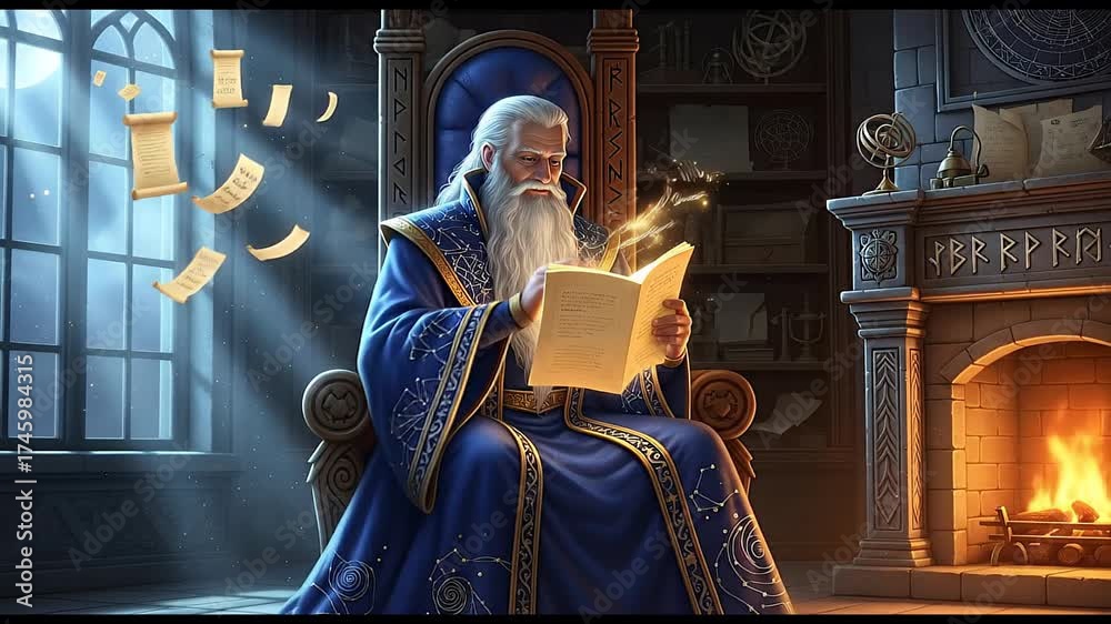 Wise wizard reading ancient manuscript in magical library with floating ...