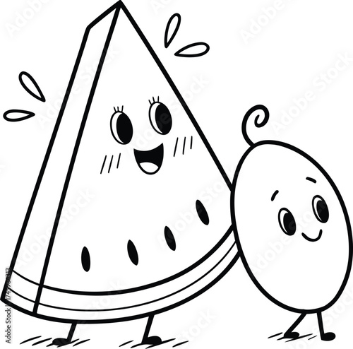 “Cute Kawaii Summer Fruits Coloring Page, Happy Watermelon and Grape Line Art for Kids”
