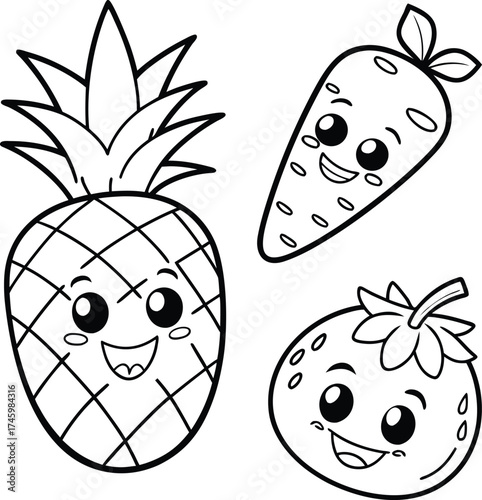“Cute Kawaii Fruit and Vegetable Coloring Page, Happy Pineapple Carrot and Tomato Line Art for Kids”