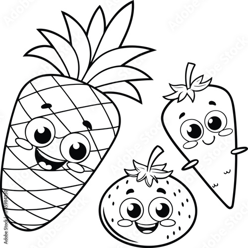 “Cute Kawaii Fruit and Vegetable Characters Coloring Page, Happy Pineapple Strawberry and Carrot Line Art for Kids”