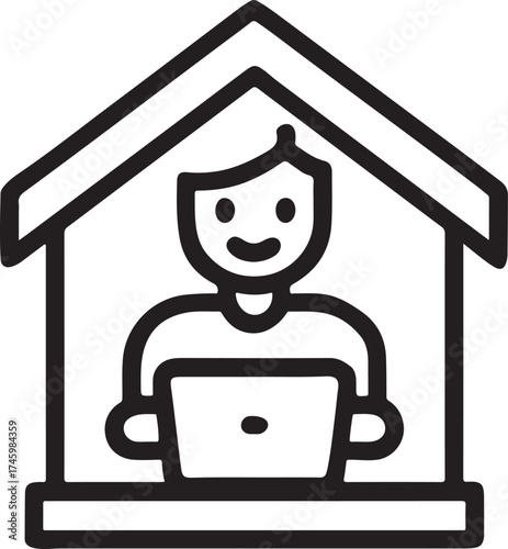 Person working on a laptop inside a simple house outline icon