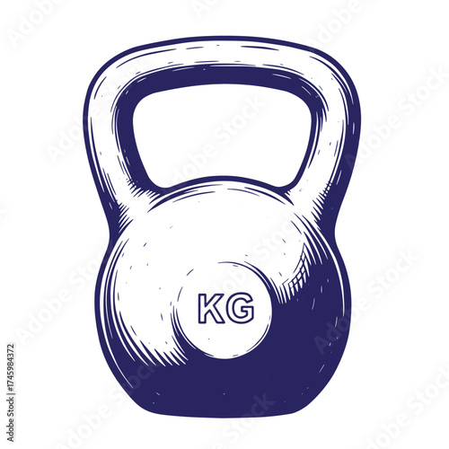 Vintage hand drawn illustration of a blue kettlebell featuring kg weight measurement