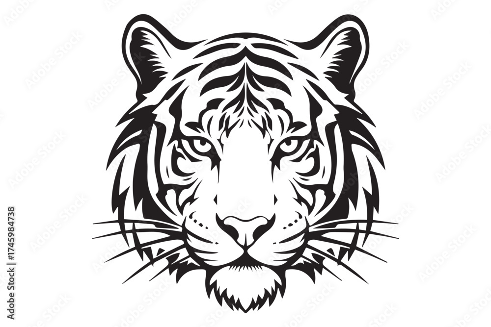 Fototapeta premium A striking black and white illustration of a tigers face, isolated on transparent background