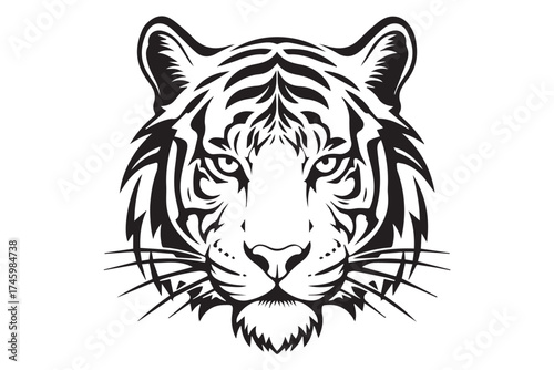 A striking black and white illustration of a tigers face, isolated on transparent background