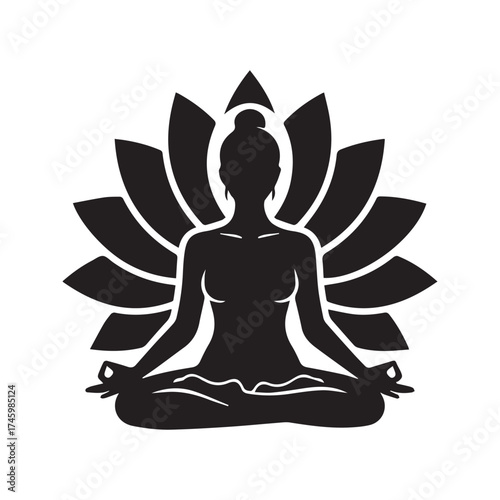 Yoga Meditation Silhouette: Woman in Lotus Pose with Abstract Lotus Flower Design
