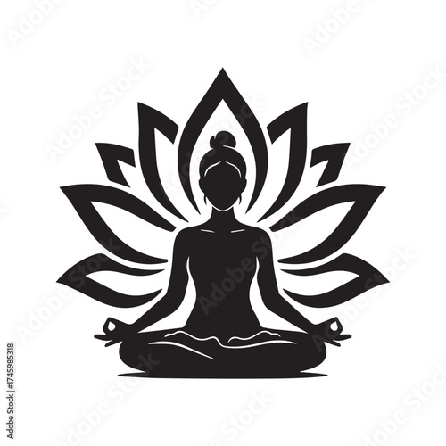 Yoga Meditation Silhouette: Woman in Lotus Pose with Abstract Lotus Flower Design
