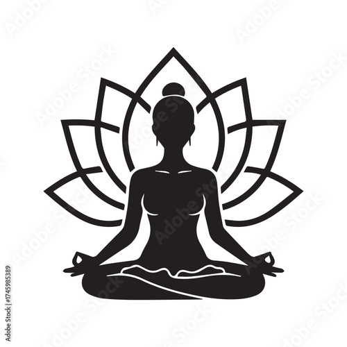 Yoga Meditation Silhouette: Woman in Lotus Pose with Abstract Lotus Flower Design
