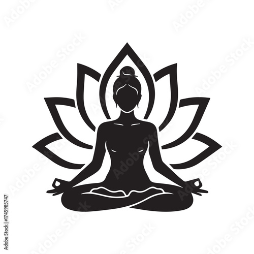 Yoga Meditation Silhouette: Woman in Lotus Pose with Abstract Lotus Flower Design
