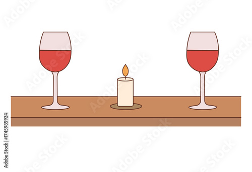 Romantic dinner table illustration with wine glasses and candlelight