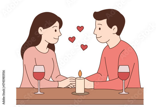 Romantic dinner date illustration with couple holding hands and heart bouquet