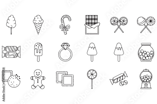Assortment of sweet treat and candy icons, featuring ice cream, lollipops, chocolate bars, and gumball machines, isolated on transparent background