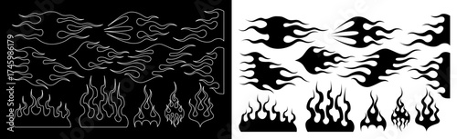 Flame silhouettes in classic 90s style, motorcycle and hot rod car style. Old school, retro tattoos. Black and white flame silhouette and outline style. Vector Illustration