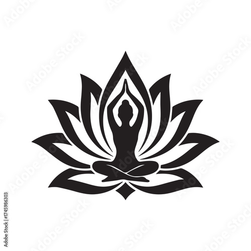 Spiritual Yoga Silhouette: Person in Meditation Pose Inside a Lotus Flower Vector Icon
