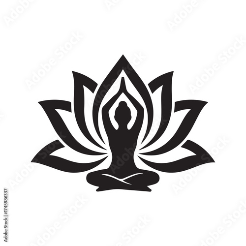 Spiritual Yoga Silhouette: Person in Meditation Pose Inside a Lotus Flower Vector Icon
