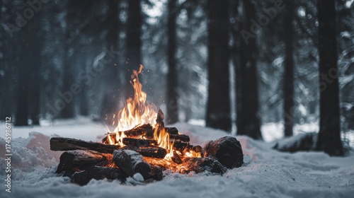 Wallpaper Mural Burning campfire in a snowy forest surrounded by pine trees during cold winter evening Torontodigital.ca
