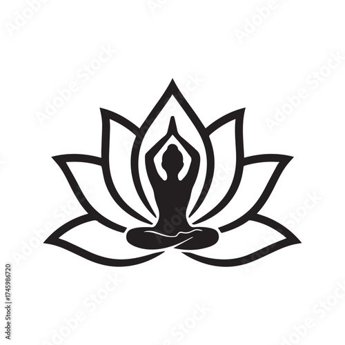 Spiritual Yoga Silhouette: Person in Meditation Pose Inside a Lotus Flower Vector Icon
