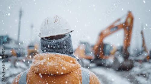 Construction worker in safety hard hat and winter jacket standing in heavy snowfall at a cold industrial site