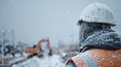 Snow covered construction worker in high visibility safety vest looking at job site during winter snowfall