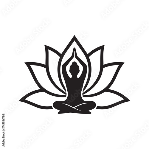 Spiritual Yoga Silhouette: Person in Meditation Pose Inside a Lotus Flower Vector Icon

