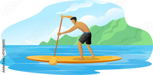 Stand Up Paddleboarding in tropical sea waters vector illustration, stand-up paddler taking a strong stroke on a yellow surfboard. 