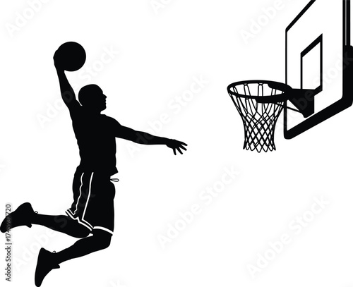 Basketball Player Silhouetted Dunking the Ball into the Hoop A High-Contrast Vector Illustration