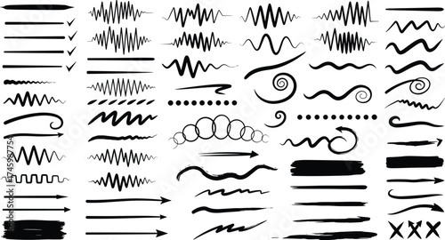 Versatile set of hand-drawn vector lines, artistic scribbles, brush strokes, underlines, and arrows, ideal for adding unique decorative accents and organic flair to graphic design projects